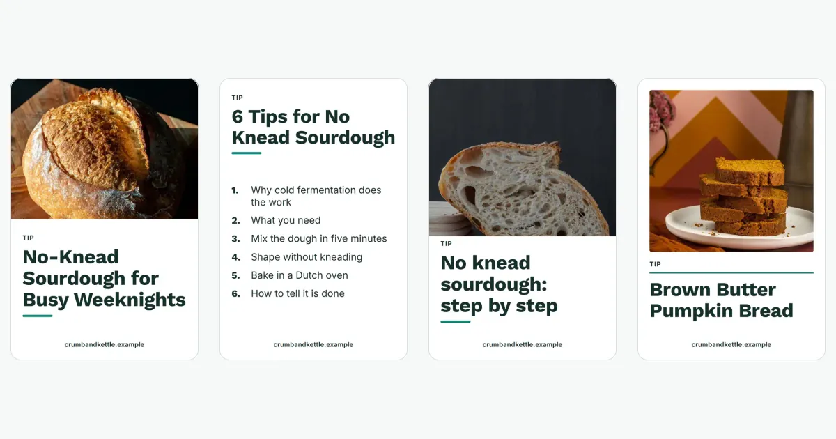 Four different Pinterest pins made in Bloomtack: photo, list and close-up designs with their own headlines.
