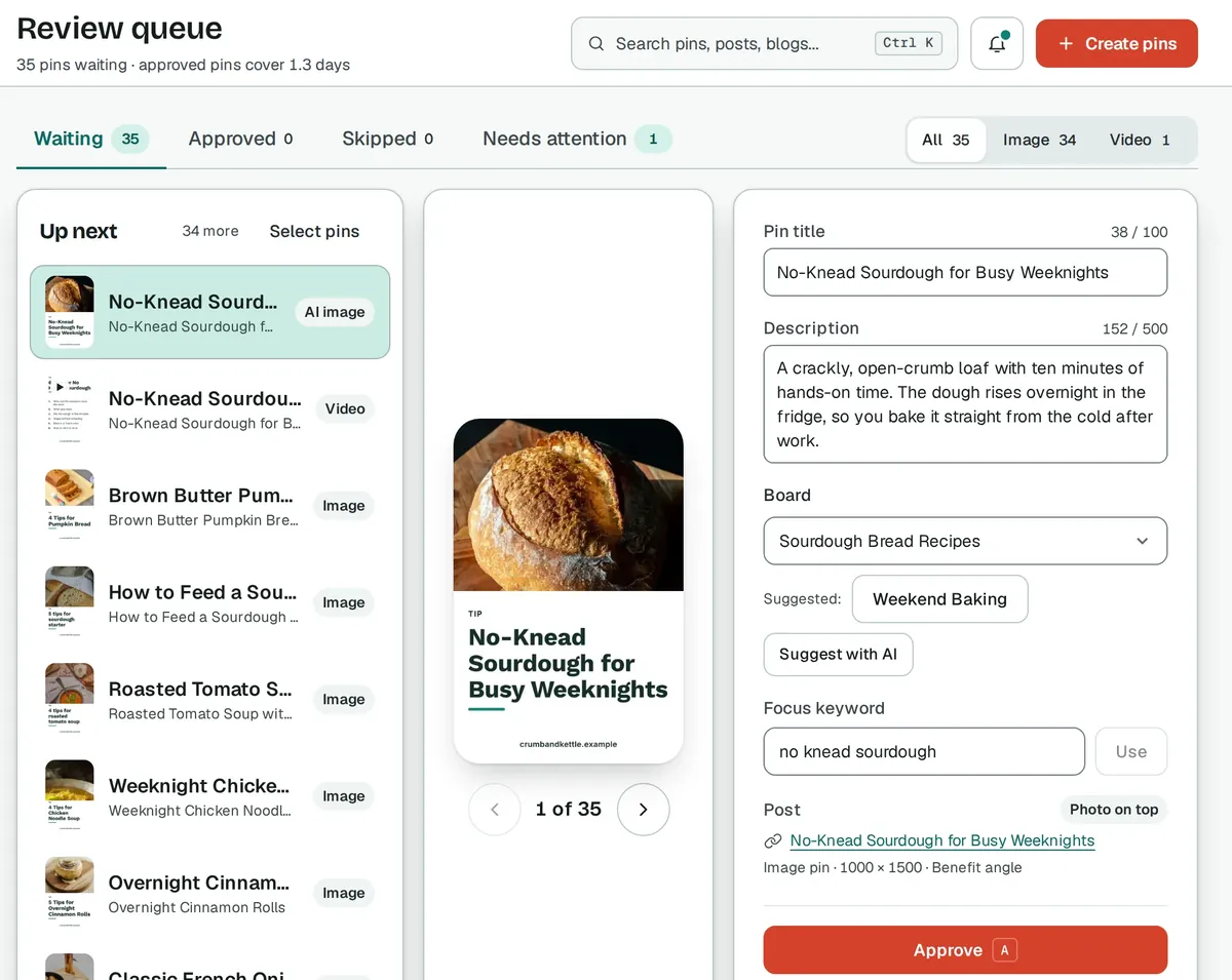 Bloomtack's review queue showing a list of waiting pins, a preview of the first pin and its title, description and board.